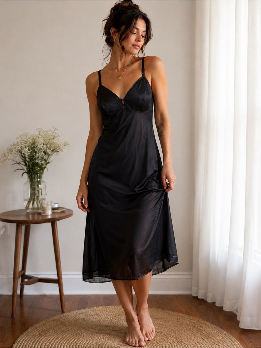 Vintage Montgomery Ward Black Nylon Slip Dress Nightgown 14/36 Medium